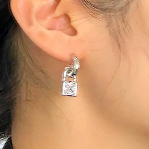 Sterling Silver Zircon Lock Minimalist Hoop Earrings - Picture 3 of 4